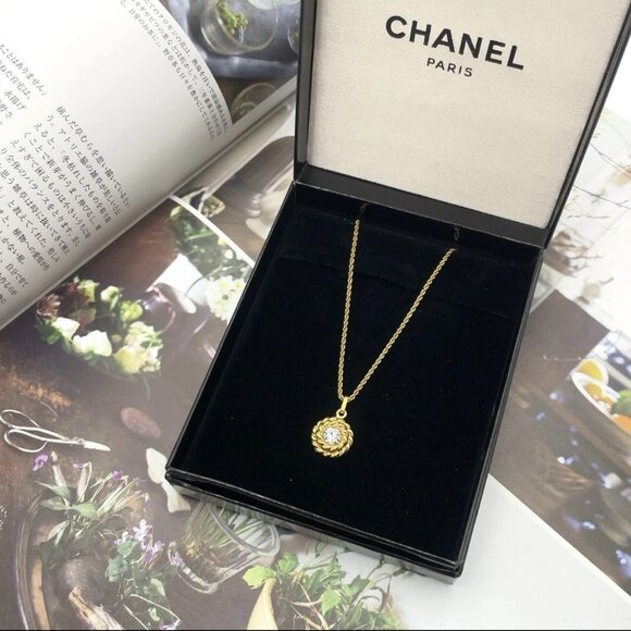 Auth Chanel Rhinestone GD Engraved Necklace - Picture 1 of 9